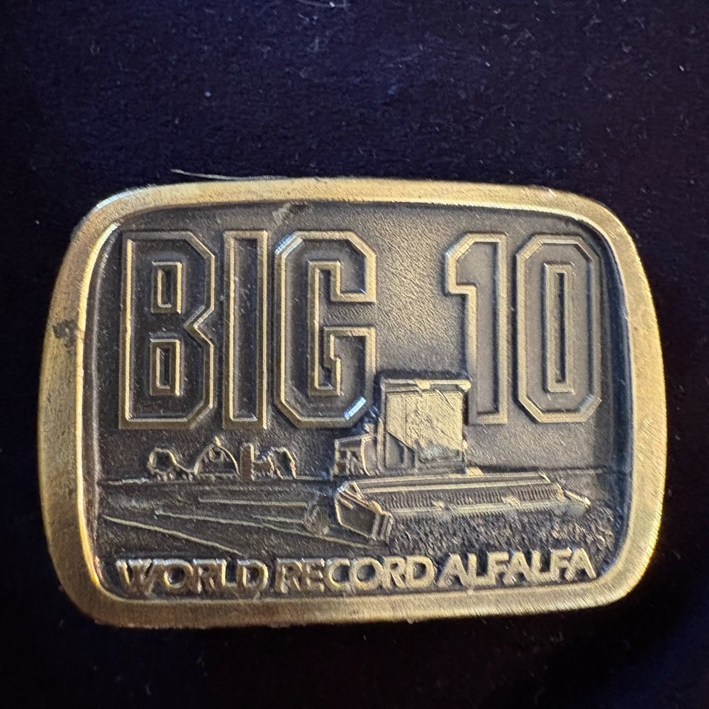Vintage Big 10 World Record Alfalfa, Brass Belt Buckle